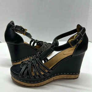 Chloe Marcie Wedges Leather T-Strap Platform High Heel Sandals Black Size 40.5